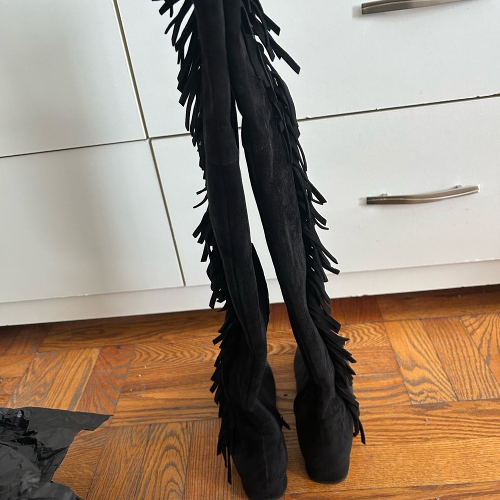 Saint Laurent Black Over the Knee Boots with Fringe - Picture 3 of 7